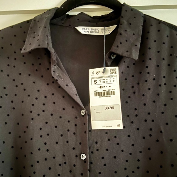 NWT Zara Black Velvet Dot Stripe Shirt Blouse - Size S - Picture 5 of 6